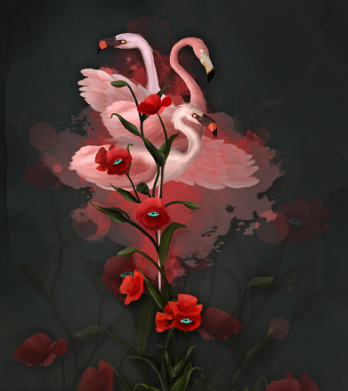 Surreal background with pink flamingos and red poppies