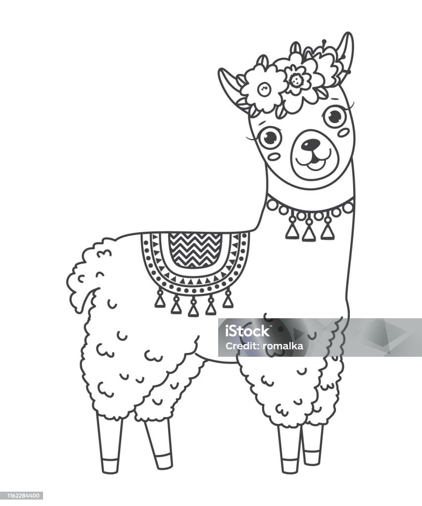 Le lama mignon de saut de griffonnage de contour avec des éléments dessinés à la main - clipart vectoriel de Lama libre de droits