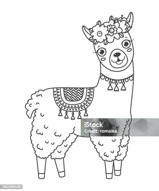 Le Lama Mignon De Saut De Griffonnage De Contour Avec Des Éléments Dessinés À La Main Vecteurs libres de droits et plus d'images vectorielles de Lama