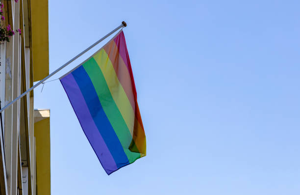 istock Gay pride flag waving against clear blue sky 1162285769