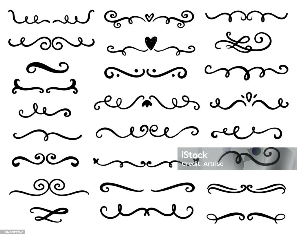 Vector divider, swirl and curl set Vector divider, swirl and curl set. Romantic flourish and border decoration line elements for gift cards, wedding invitation, menu. Hand drawn calligraphy Knick Knack stock vector