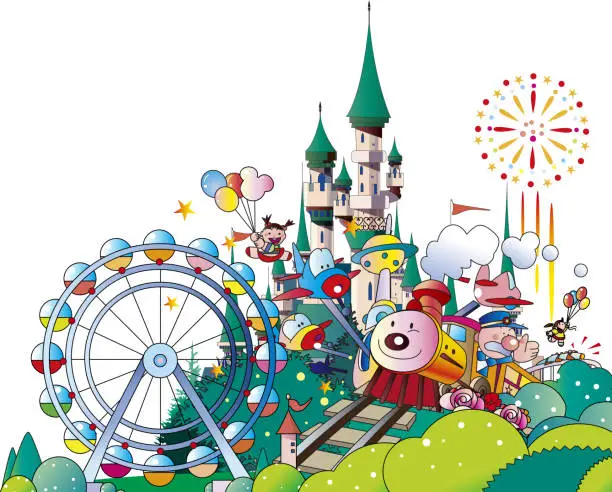 Vector illustration of Amusement park with a big castle