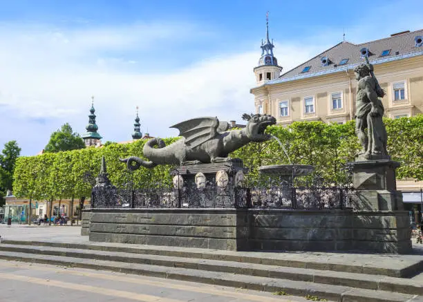 Lindworm Fountain - symbol landmark of the city Klagenfurt in Austria