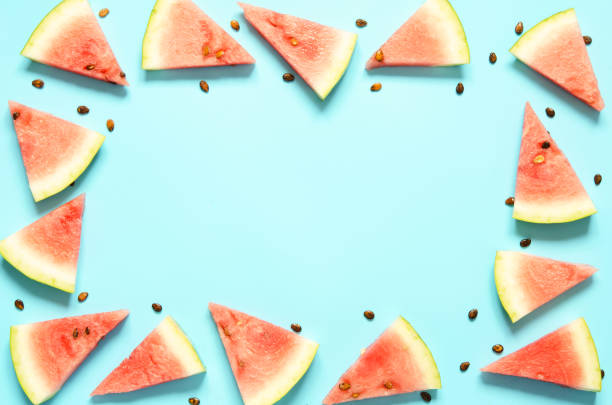 istock Fresh red watermelon slice Isolated light blue background.  Summer concept.Top view, Flat lay, Copy space. - Image 1162301190