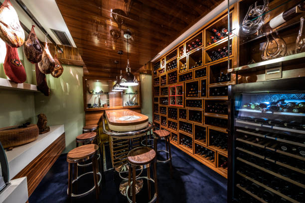 temperature and moisture regulated degustation room in a wine cellar of a luxurious yachting themed restaurant - dining nautical vessel recreational boat europe imagens e fotografias de stock