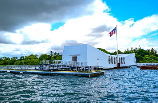 Honolulu, Awaii - May 3, 2019: Pearl Harbor, the USS Arizona Memorial  seen from the bay