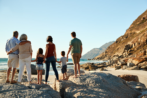 Three generation white family on a beach stand holding hands, admiring view, full length, back view