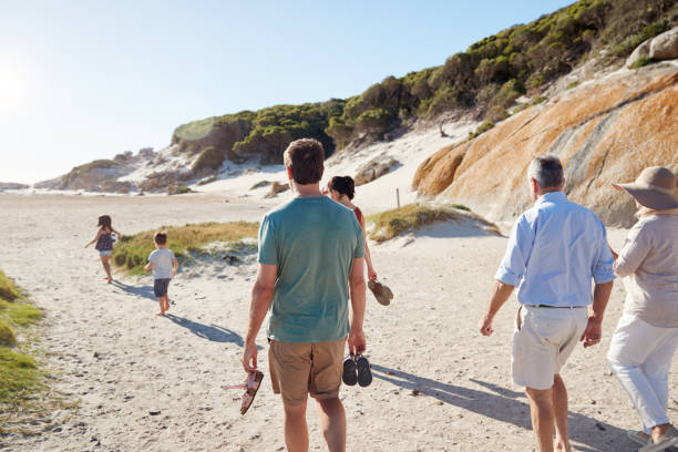 istock Back view of three generation white family exploring together on a sunny beach 1162303262
