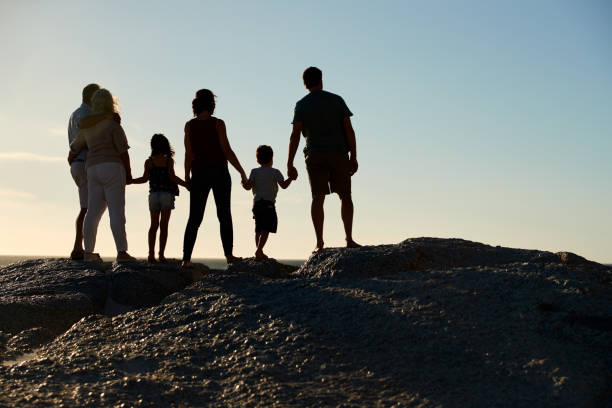 istock Three generation family on a beach holding hands, admiring view, full length, silhouette, back view 1162303422