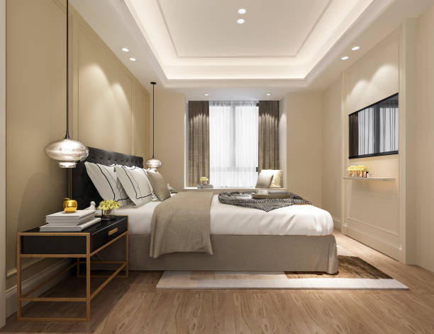 istock 3d rendering beautiful luxury bedroom suite in hotel with tv 1162303532