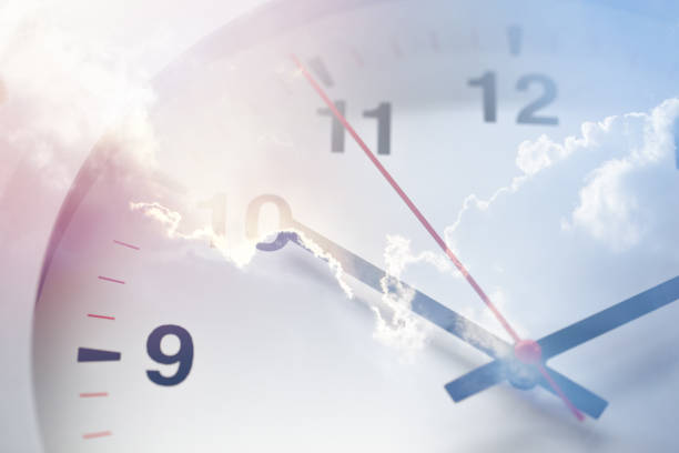 istock Every Day Times concept, Morning Clock overlay with blue sky working hours or business time 1162303832