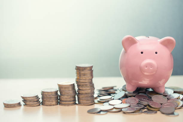 Saving Money concept, Piggy bank with coin for Personal Wealth Income and Profit Financial Business stock photo