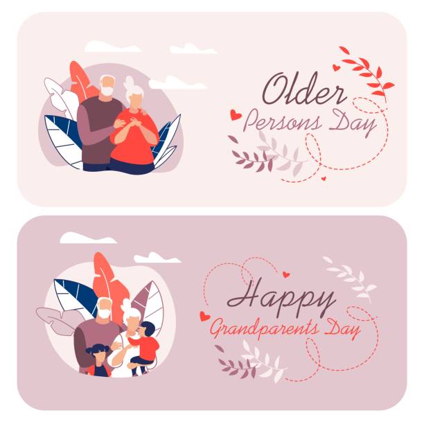 illustrazioni stock, clip art, cartoni animati e icone di tendenza di volantino informativo scritto happy grandparents cartoon. - senior adult senior couple grandparent retirement