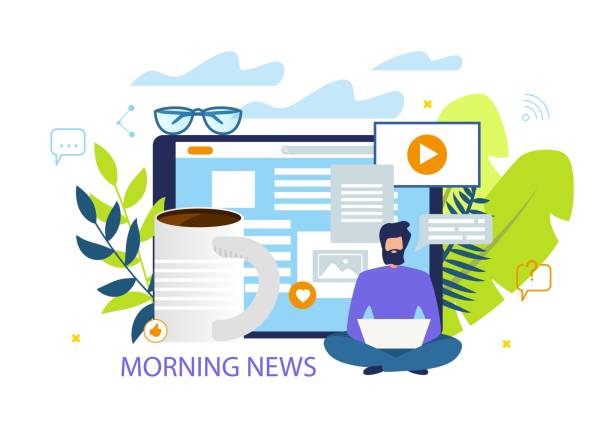Bright Flyer Inscription Morning News Cartoon. Bright Flyer Inscription Morning News Cartoon. Flat Banner Editor Internet Edition Works without Rest with Cup Coffee. Poster Guy Releases Daily News in Morning. Vector Illustration. release notes stock illustrations