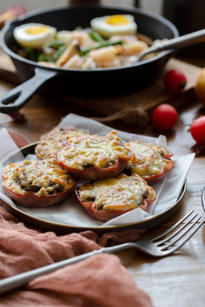 istock home cooking: ham muffin, roasted shrimp with asparagus 1162306444