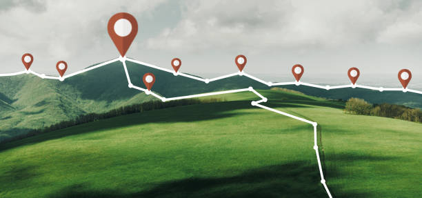 istock Mountain landscape with connected location pins and track. 1162307300