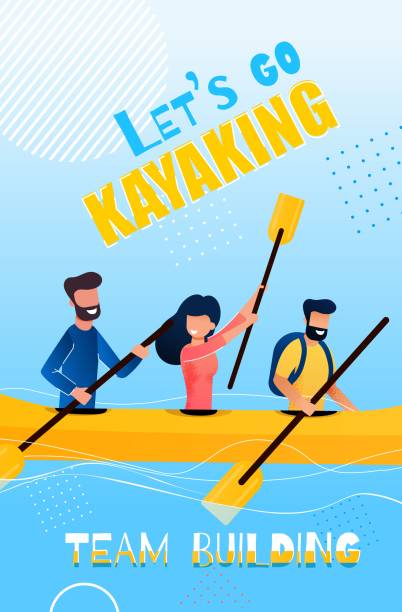 illustrations, cliparts, dessins animés et icônes de banner flat lets go kayaking team building cartoon (en) - let down