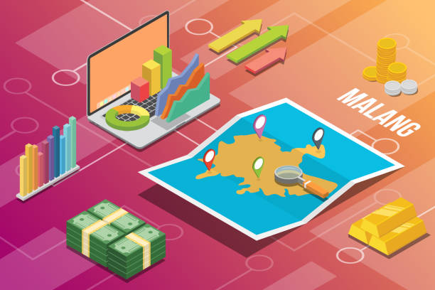 말랑 인도네시아 자바 시티 아이소메트릭 금융 경제 조건 개념 을 설  명하기 위한 도시 성장 확장 - 벡터 - malang stock illustrations