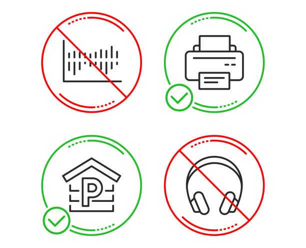 列図、駐車場、プリンタアイコンが設定されています。ヘッドフォンサイン。販売統計、ガレージ、印刷装置。ベクトル - garage sale audio点のイラスト素材／クリップアート素材／マンガ素材／アイコン素材