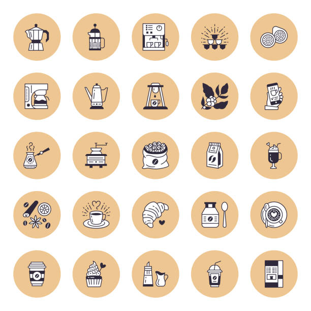 ilustrações de stock, clip art, desenhos animados e ícones de coffee making equipment vector flat line icons. tools - moka pot, french press, grinder, espresso, vending, plant. linear restaurant, shop pictograms for menu - coffee cup bean sugar