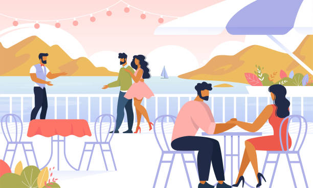 illustrations, cliparts, dessins animés et icônes de couples se détendre à l'extérieur, s'asseoir dans le café en plein air, - bâtiment vu de lextérieur illustrations