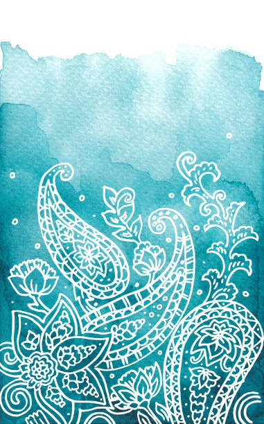 젖은 수채화 배경에 페이즐리 장식 - textile blue leaf paisley stock illustrations