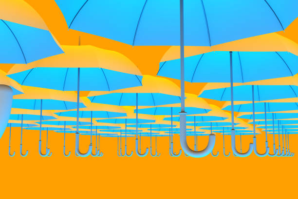 3d illustration, yellow blue umbrellas, yellow background