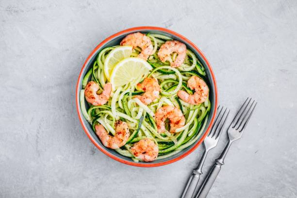 istock Spiralized zucchini noodles pasta with shrimps. Top view 1162317654