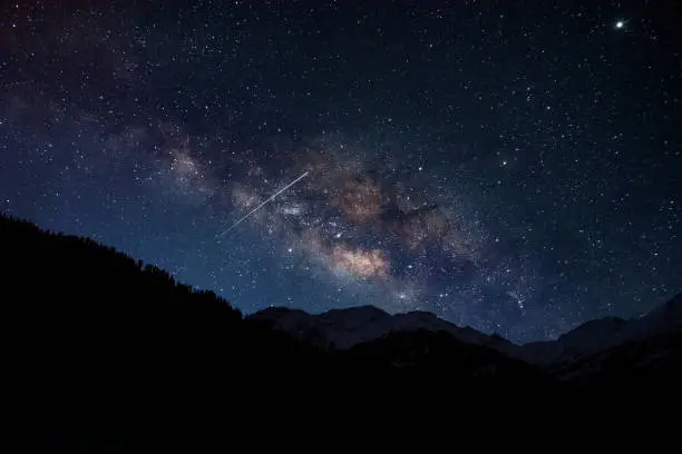 real milky way galaxy night over mountains, landscape.
