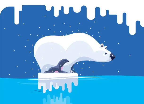 Vector illustration of polar bear and seal standing on iceberg