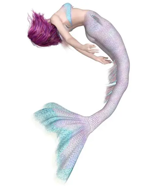 Fantasy illustration of a pretty purple haired mermaid with pink and blue fish scales swimming upside down, 3d digitally rendered illustration