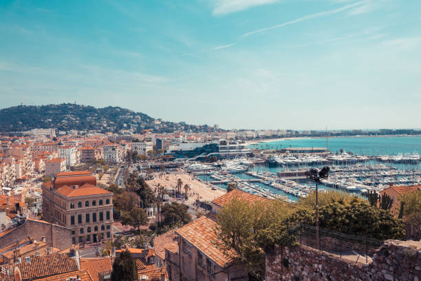 panorama of cannes, cote d'azur, france, south europe. nice city and luxury resort of french riviera. famous tourist destination with nice beach and promenade de la croisette on mediterranean sea - capital letter luxury blue image imagens e fotografias de stock
