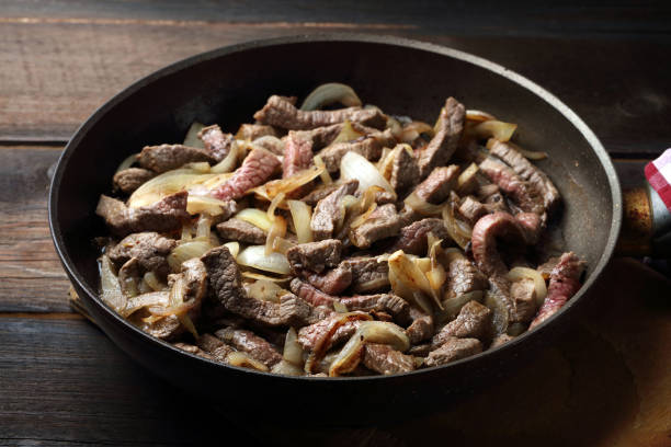 istock Fried beef and onions in a pan - preparation for beef stroganoff 1162326118