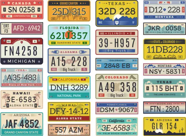Vector illustration of Car plates. Highway automobile license numbers old retro style vector signs collection