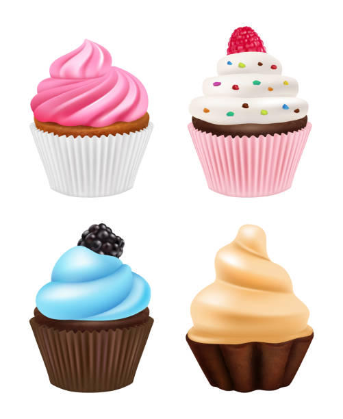 illustrazioni stock, clip art, cartoni animati e icone di tendenza di cupcakes realistico. dolci dessert torta muffin con cioccolato e crema immagini vettoriali di cupcakes - muffin blueberry muffin blueberry isolated