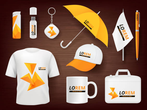 Identity. Business corporate souvenir promotion stationery items uniform badges packages pen lighter cap vector realistic mockup Identity. Business corporate souvenir promotion stationery items uniform badges packages pen lighter cap vector realistic mockup. Illustration of cup and t-shirt, mug and pencil, accessory items branding identity business merchandise stock illustrations