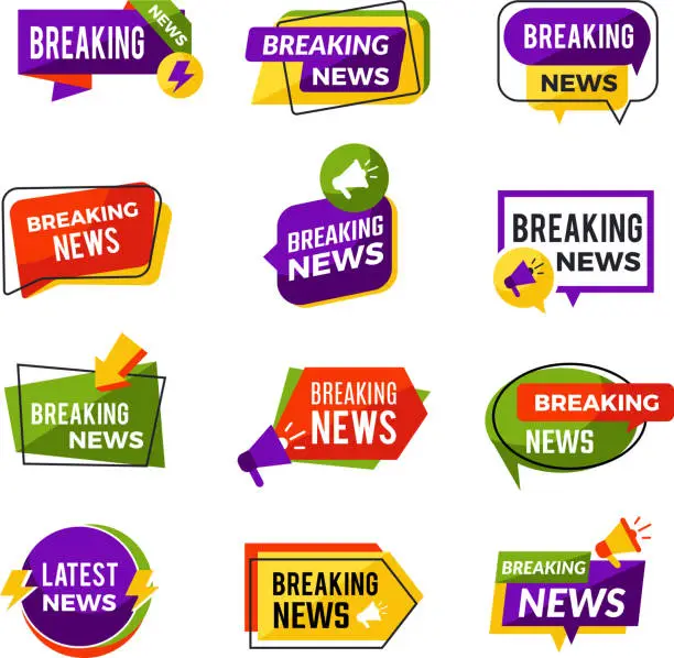Vector illustration of News announce. Daily geometric media informers for website advertising information for breaking news vector badges collection