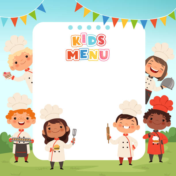 ilustrações de stock, clip art, desenhos animados e ícones de children cooking background. little kids chef making food teenage boys and girls professional people cooking - little boys cartoon child drawing