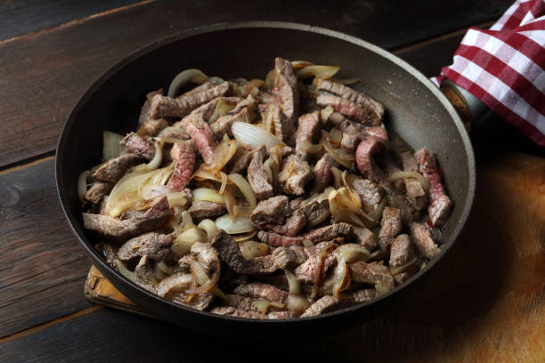 istock Fried beef and onions in a pan - preparation for beef stroganoff 1162326476