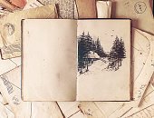 Winter scene drawing on vintage journal