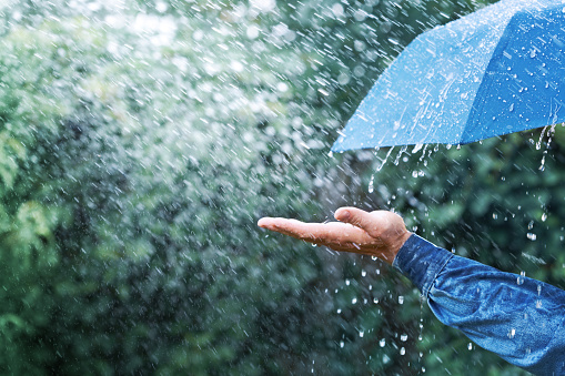 Hand and blue umbrella under heavy rain against nature background. Rainy weather and forecast concept.