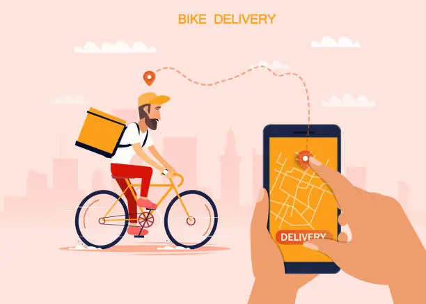 Vector illustration of Delivery, the guy on the bike carries the parcel. Urban landscape. courier driving bike fast food food. Flat design vector illustration.
