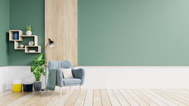 istock Empty wall in pastel modern interior with green and white wall with blue armchair 1162334664