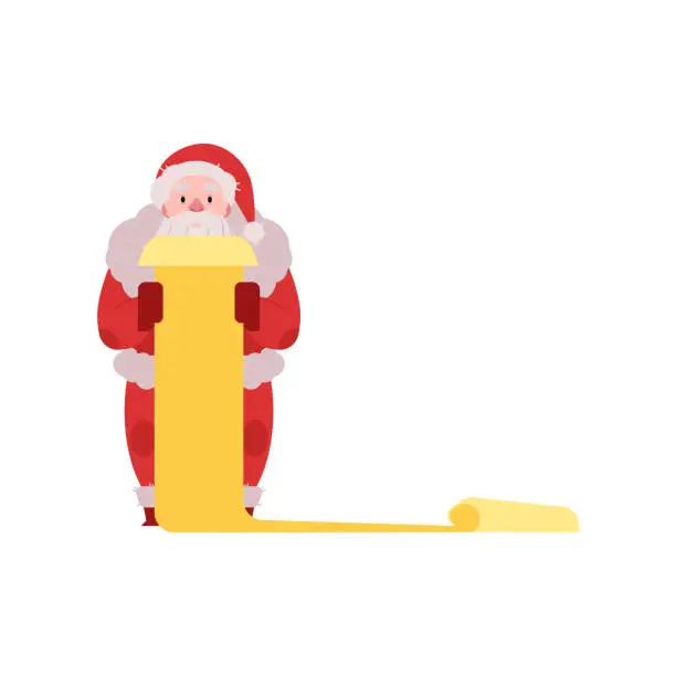 Vector illustration of Vector illustration of Santa Claus in red costume and hat standing with scroll list of wishes in hands.