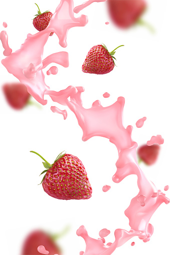 Strawberry splash with berries. Vector realistic illustration on white background.