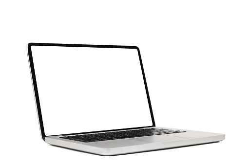 computadora portátil maqueta con pantalla blanca vacía aislada en fondo blanco con ruta de recorte, vista lateral. concepto de tecnología informática moderna photo