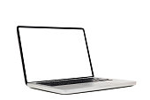 laptop computer mock up with empty blank white screen isolated on white background with clipping path, side view. modern computer technology concept