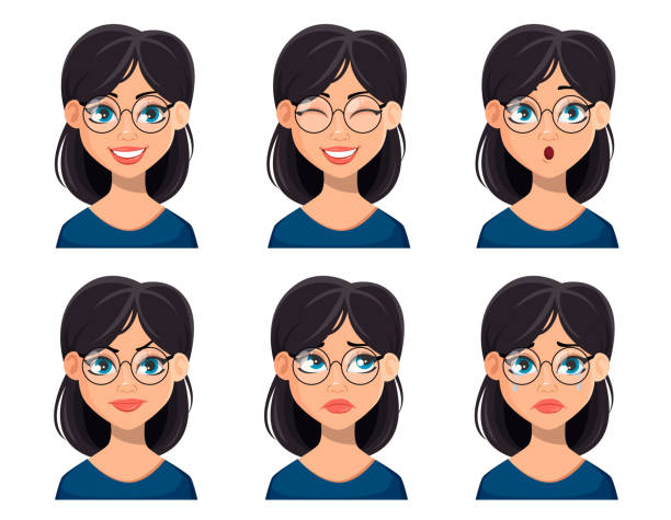 ilustrações de stock, clip art, desenhos animados e ícones de face expressions of beautiful woman in glasses - white background laughing beautiful women