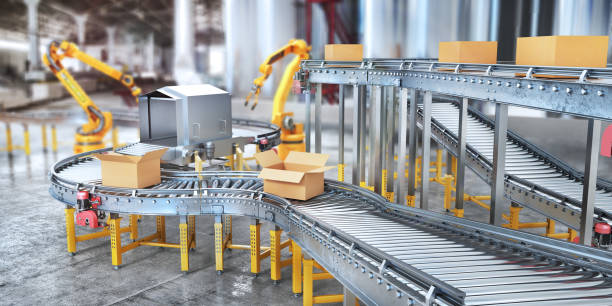 istock Blank conveyors on a blurred factory background. 3d illustration 1162340507