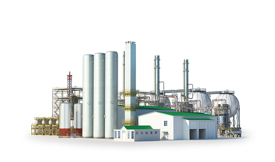 Oil refinery. Factory outside Isolated on white background. 3d illustration